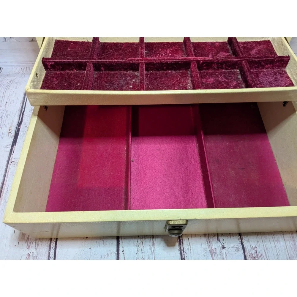 Vintage 2 Tier Faux Leather PINK Velvet &  Satin Lined Jewelry Box w/ Mirror‎